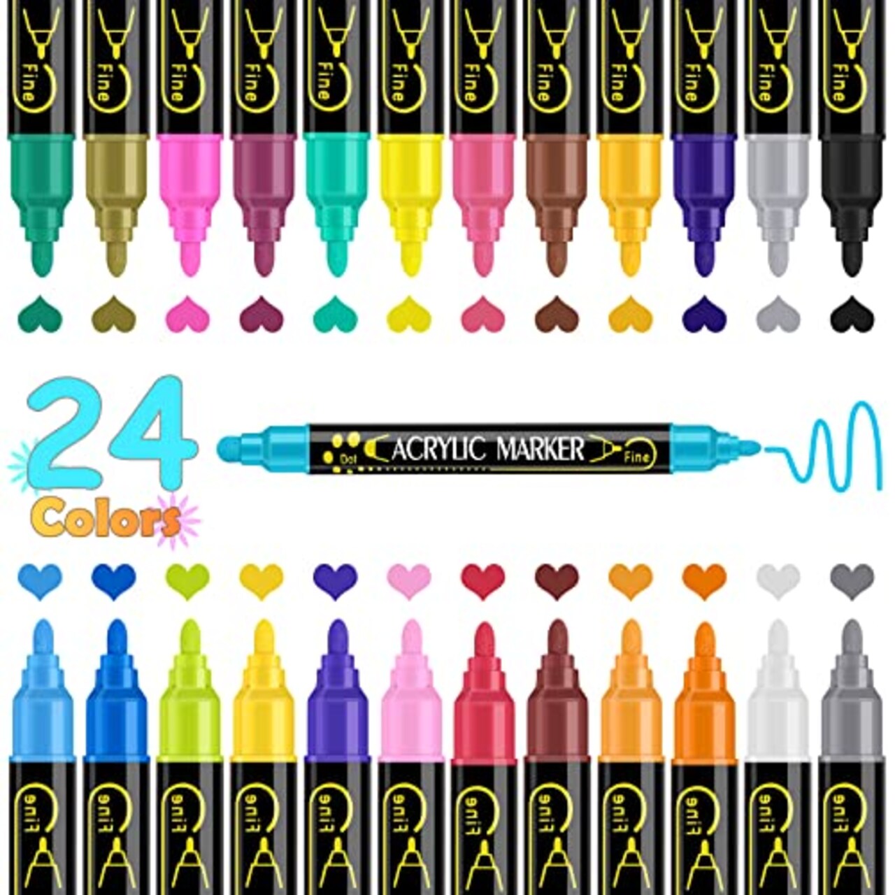 24-Color Dual Tip Acrylic Paint Pens Markers Premium for Wood, Canvas, Stone, Rock, Glass, Ceramic Surfaces DIY Crafts and Art Supplies
